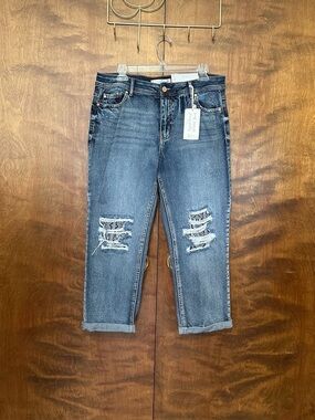 CATO High Rise Girlfriend Cropped Jeans Womens 12 Blue Aztec Distressed Denim